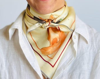 26”x26” Cats and toys exclusive print silk square, 100% silk charmeuse 66x66 cm silk scarf, beige and orange cute print head scarf