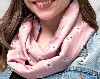 Bamboo gauze Blush pansies exclusive print infinity scarf, soft and comfortable blush pink and blue circle scarf, original loop scarf