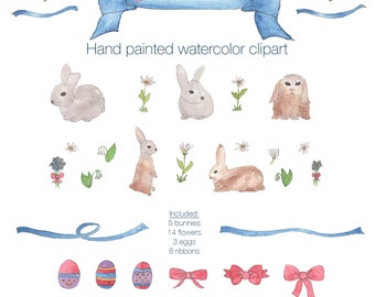 Watercolor Hand Painted Clipart - Easter Bunnies and Flowers - Rabbits Ribbons Eggs and Flowers