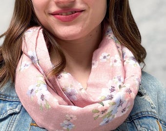 Bamboo gauze Blush pansy clusters exclusive print infinity scarf, soft and comfortable blush pink and blue circle scarf, original loop scarf