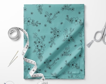 Teal and black Dasiphora flower print fabric / Exclusive print / Floral print / Cotton quilting fabric by the yard