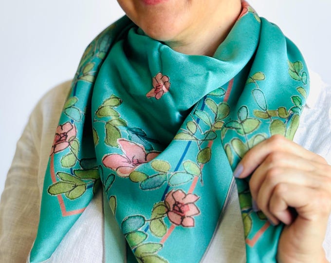 36”x36” teal dasiphora exclusive print silk square, 100% silk charmeuse 90x90 cm silk scarf, teal and pink cute print head scarf