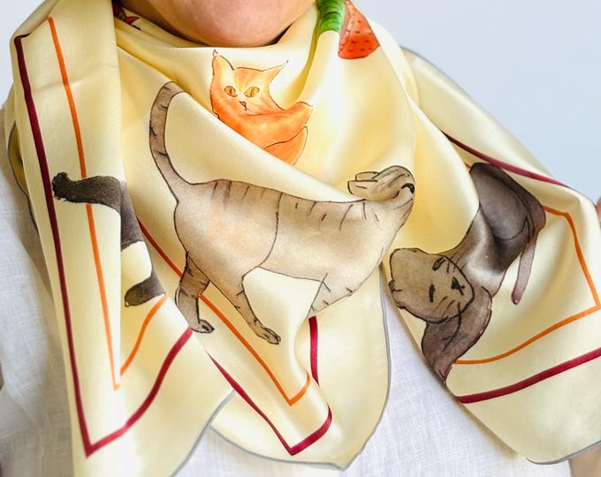 36”x36” Cats and toys exclusive print silk square, 100% silk charmeuse 90x90 cm silk scarf, beige and orange cute print head scarf