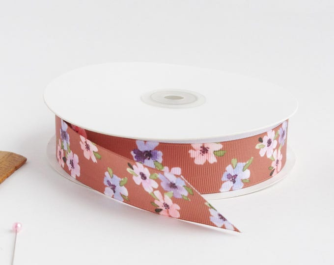Mocha pansies 1" grosgrain ribbon by the yard/  Blue and red ribbon / Floral grosgrain ribbon by the yard