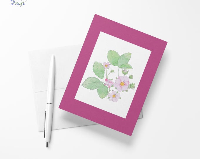Strawberry flowers blank inside greeting card, 4.13" x 5.83" - A6 size, watercolor stationary, exclusive floral print, limited quantities