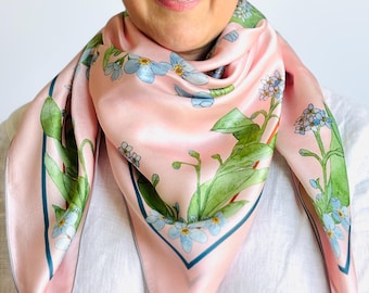 36”x36” Forget-me-nots exclusive print silk square, 100% silk charmeuse 90x90 cm silk scarf, pink and blue cute print head scarf