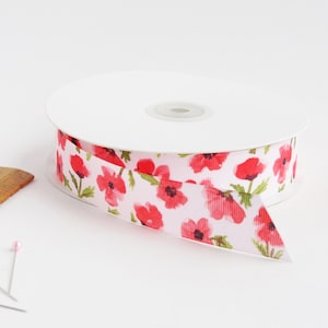 Poppies 1&quot; grosgrain ribbon by the yard/  Red and pink poppy ribbon / Floral grosgrain ribbon by the yard