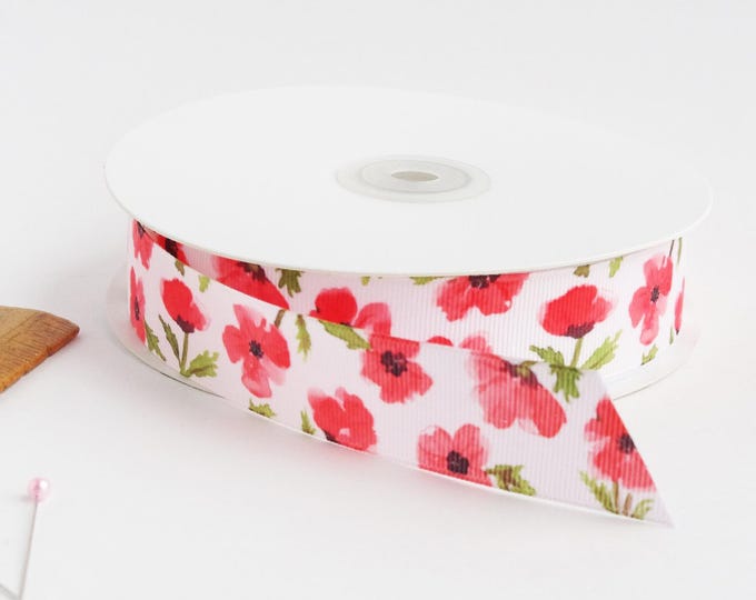 Poppies 1" grosgrain ribbon by the yard/  Red and pink poppy ribbon / Floral grosgrain ribbon by the yard