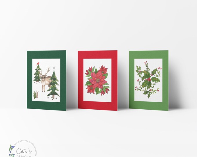 Holiday 6-pack blank inside greeting cards, watercolor stationary, 3 different patterns: Poinsettia, Mistletoe, Holiday animals