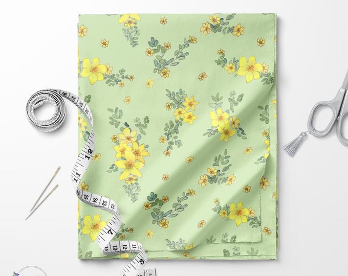 Yellow and lime cream Dasiphora flower print fabric / Exclusive print / Floral print / Cotton quilting fabric by the yard