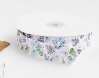 Forget-Me-Nots 1" grosgrain ribbon by the yard/  Pink and blue ribbon / Floral grosgrain ribbon by the yard