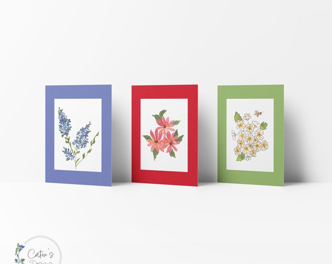 Red wildflower 6-pack blank inside greeting cards, watercolor stationary, 3 different patterns: Wildflowers, Lilac, Spiraea and Bees