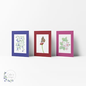 Schmetterling 6er-Pack Grußkarten, Grußkarten, Aquarell blanko, 3 verschiedene Muster: Tiger Tirumala, Lobelia, Fragaria Virginiana