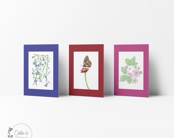 Butterfly 6-pack blank inside greeting cards, watercolor stationary, 3 different patterns: Butterfly, Lobelia, Strawberry plant
