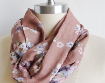 Mocha pansies clusters print infinity scarf / Floral infinity scarf / Bamboo double gauze scarf