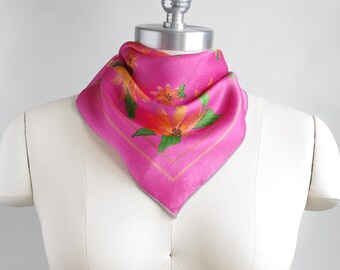 26 in / Purple and red wildflowers print small silk scarf / 26-inch silk square / 100% silk charmeuse scarf