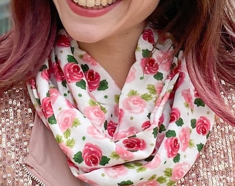 Bamboo gauze Roses exclusive print infinity scarf, soft and comfortable pink and red circle scarf, original loop scarf