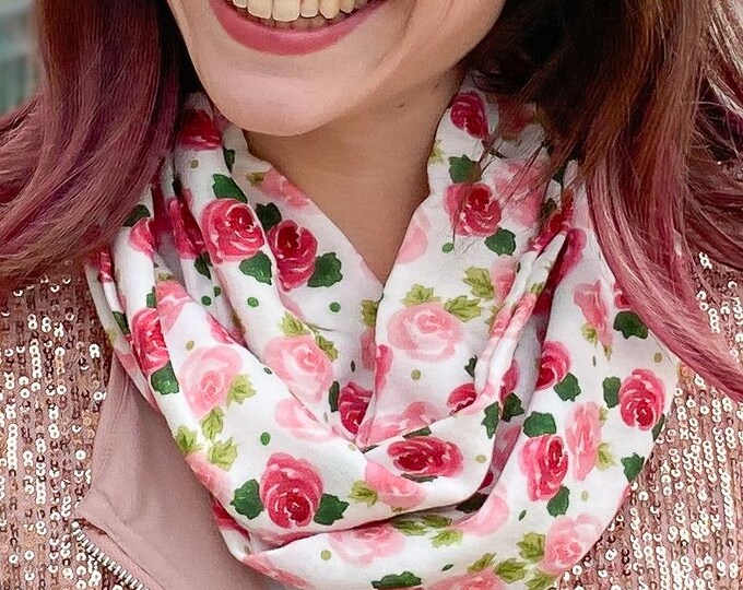 Bamboo gauze Roses exclusive print infinity scarf, soft and comfortable pink and red circle scarf, original loop scarf