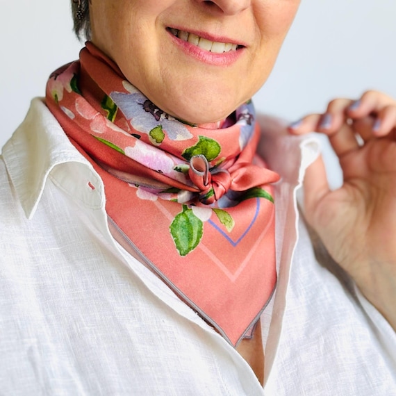 Blush Coral Silk Scarf 26”x26” Blush Pansies Exclusive Print Silk