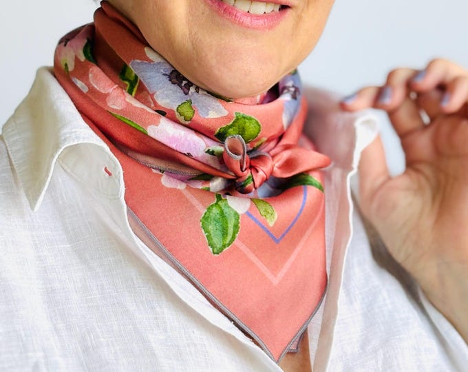 26”x26” Blush pansies exclusive print silk square, 100% silk charmeuse 66x66 cm silk scarf, blush pink and blue cute print head scarf