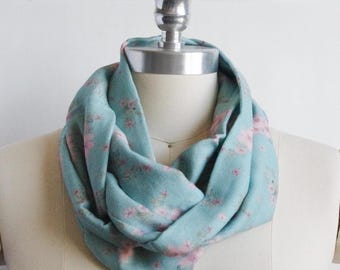 Teal and pink dasiphora print infinity scarf / Floral infinity scarf / Bamboo double gauze scarf