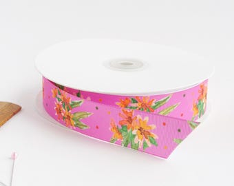 Purple and red wildflowers 1" grosgrain ribbon by the yard/  Purple and red ribbon / Floral grosgrain ribbon by the yard