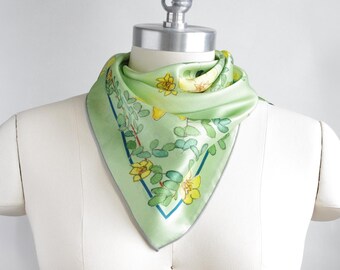 26 in / Lime cream dasiphora print small silk scarf / 26-inch silk square / 100% silk charmeuse scarf
