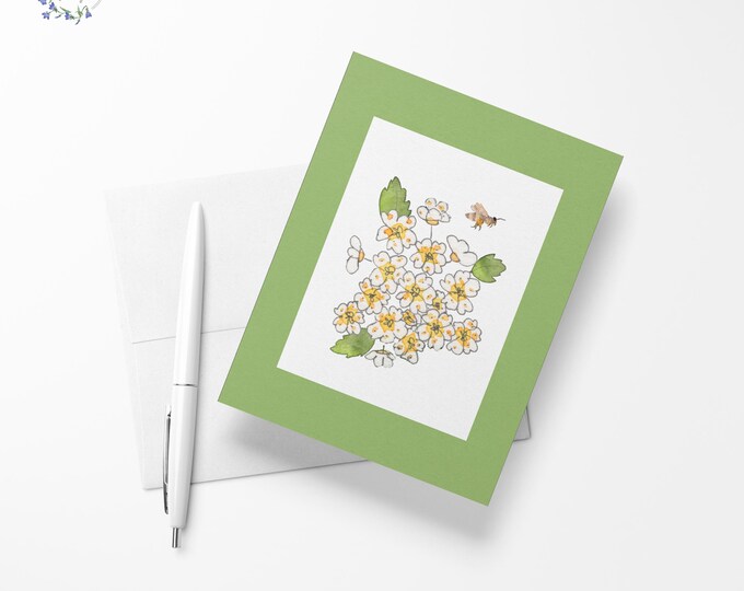 Spiraea flowers and bees blank inside greeting card, 4.13" x 5.83" - A6 size, watercolor stationary, exclusive print, limited quantities
