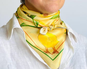 26”x26” Ducklings and daffodils exclusive print silk square, 100% silk charmeuse 66x66 cm silk scarf, yellow and green cute print head scarf