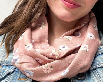 Bamboo gauze Mocha pansies exclusive print infinity scarf, soft and comfortable brown and pink circle scarf, original loop scarf