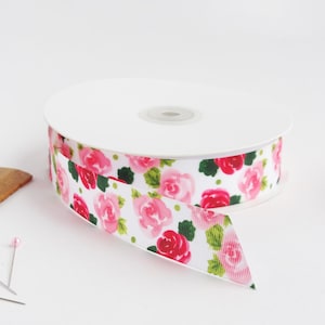 Roses 1&quot; grosgrain ribbon by the yard/  Red and pink ribbon / Floral grosgrain ribbon by the yard