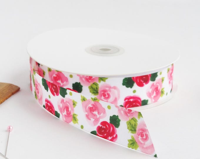 Roses 1" grosgrain ribbon by the yard/  Red and pink ribbon / Floral grosgrain ribbon by the yard