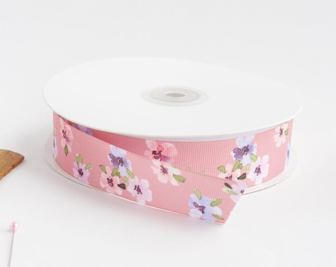 Blush pink pansies 1" grosgrain ribbon by the yard/  Blue and red ribbon / Floral grosgrain ribbon by the yard