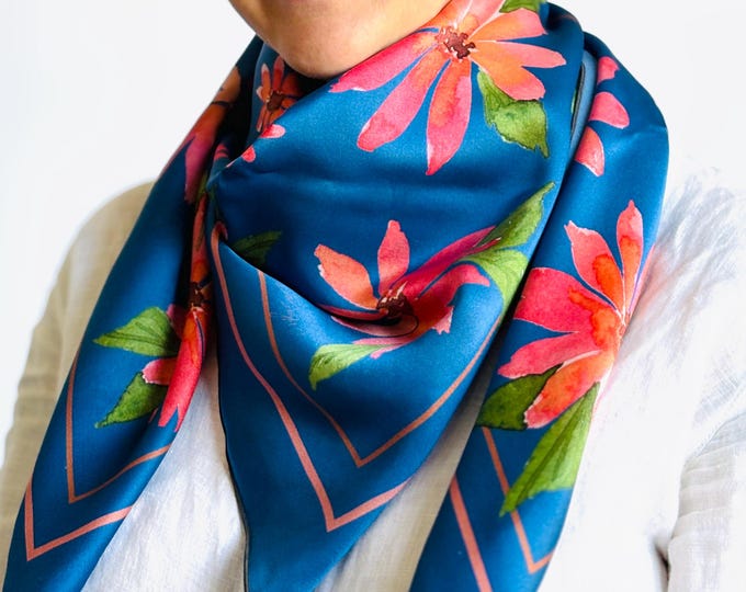 36”x36” navy wildflowers exclusive print silk square, 100% silk charmeuse 90x90 cm silk scarf, navy and red cute print head scarf,