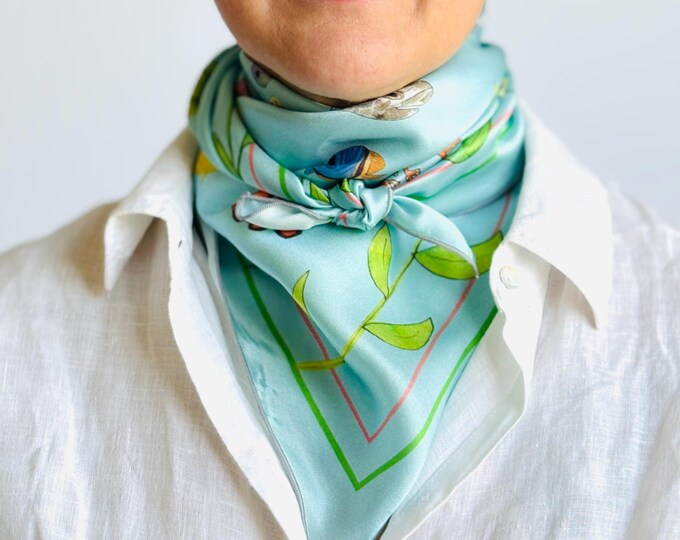 26”x26” Maui marine life exclusive print silk square, 100% silk charmeuse 66x66 cm silk scarf, teal and green cute print head scarf