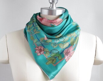 36 in / Teal and pink dasiphora print large silk scarf / 36-inch silk square / 100% silk charmeuse scarf