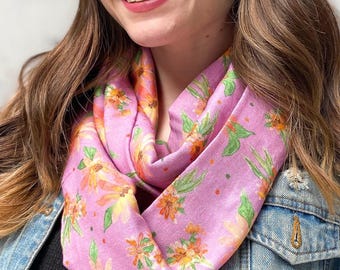 Bamboo gauze Purple wildflowers exclusive print infinity scarf, soft and comfortable purple and orange circle scarf, original loop scarf