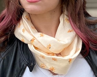 Bamboo gauze Marigold exclusive print infinity scarf, soft and comfortable yellow and orange circle scarf, original loop scarf
