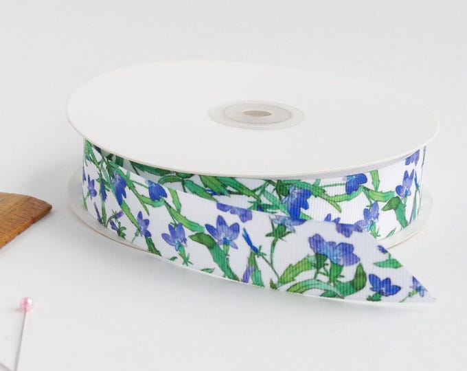 Lobelia 1" grosgrain ribbon by the yard/  Blue and white ribbon / Floral grosgrain ribbon by the yard