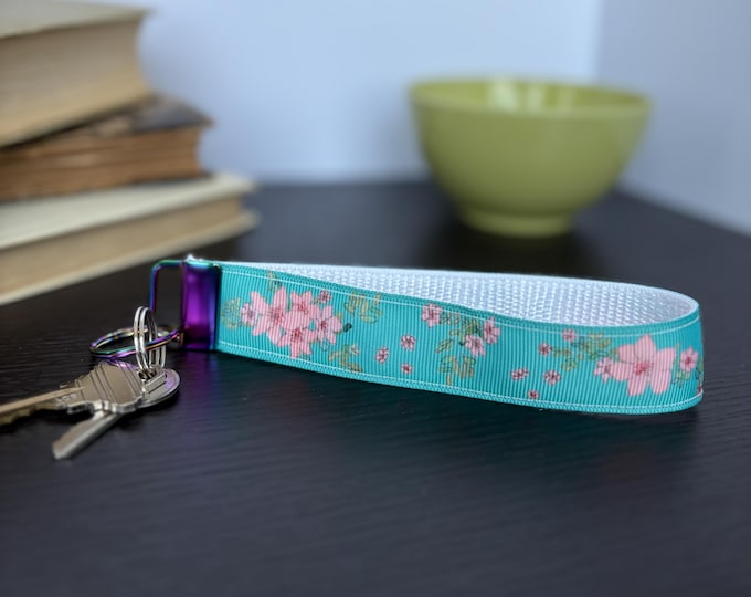Teal and pink dasiphora key fob / Blue floral key wristlet holder / Blue flower key chain