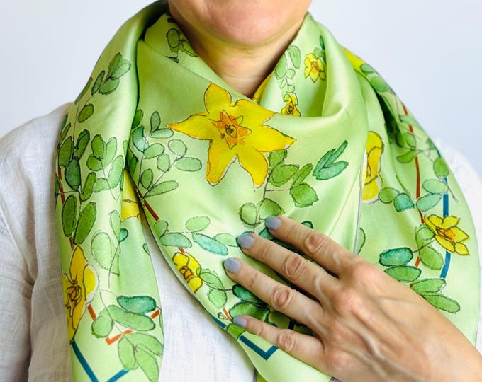36”x36” Lime cream dasiphora exclusive print silk square, 100% silk charmeuse 90x90 cm silk scarf, green and yellow cute print head scarf