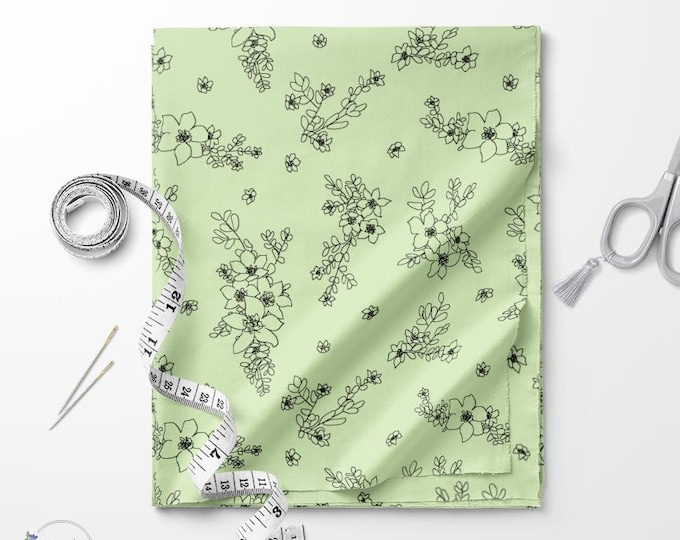 Lime cream and black Dasiphora flower print fabric / Exclusive print / Floral print / Cotton quilting fabric by the yard