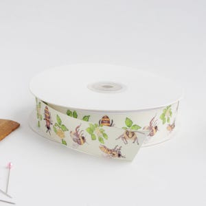 Spireas and Bees 1&quot; grosgrain ribbon by the yard/ Bee lover ribbon / Yellow and green grosgrain ribbon by the yard