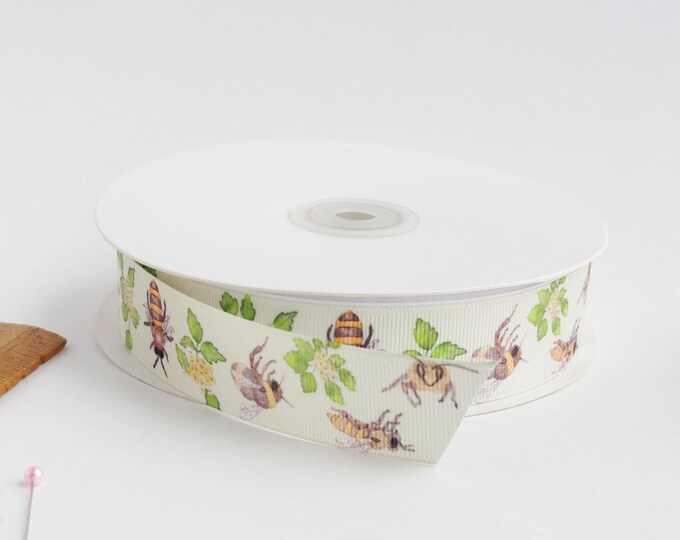 Spireas and Bees 1" grosgrain ribbon by the yard/ Bee lover ribbon / Yellow and green grosgrain ribbon by the yard