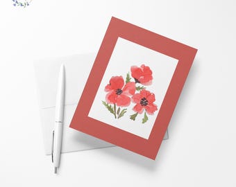 Poppy flowers blank inside greeting card, 4.13" x 5.83" - A6 size, watercolor stationary, exclusive floral print, limited quantities