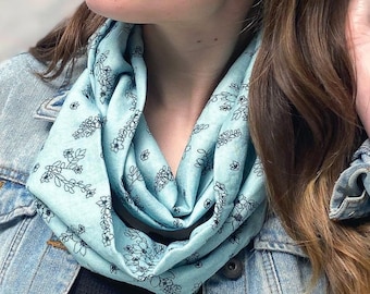 Bamboo gauze Teal outlined dasiphora exclusive print infinity scarf, soft and comfortable teal and black circle scarf, original loop scarf