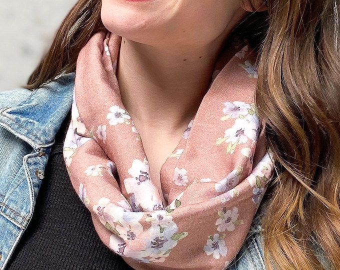 Bamboo gauze Mocha pansy clusters exclusive print infinity scarf, soft and comfortable brown and pink circle scarf, original loop scarf