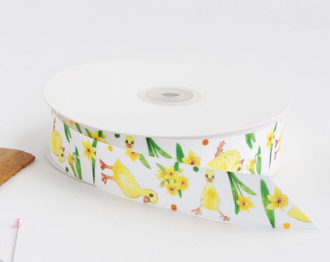 Ducklings and daffodils 1" grosgrain ribbon by the yard/ Duck lover ribbon / Duckling grosgrain ribbon by the yard
