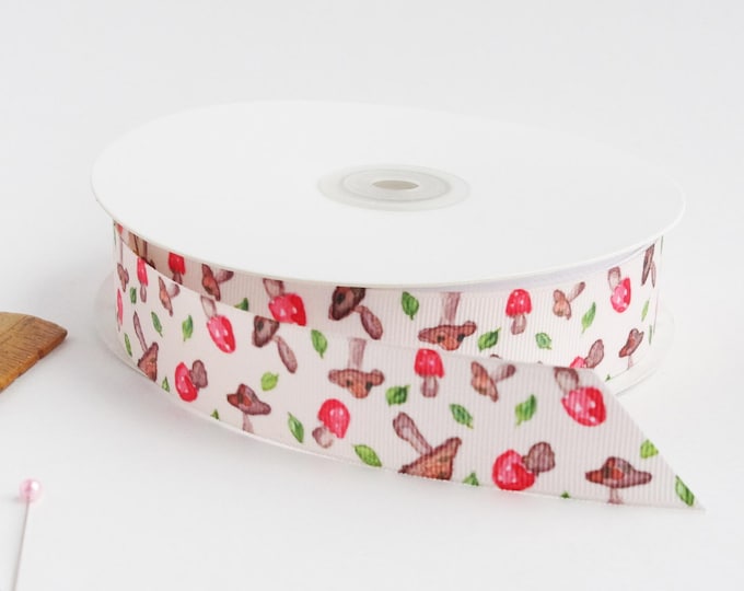 Tiny mushrooms 1" grosgrain ribbon by the yard/  Mushroom ribbon / Shroom grosgrain ribbon by the yard