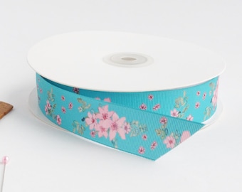Pink and teal Dasiphora 1" grosgrain ribbon by the yard/ Yellow and lime green ribbon / Floral grosgrain ribbon by the yard